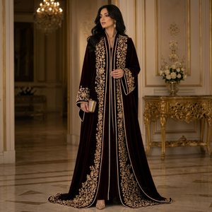 Elegant Velvet Breathable <b>Abaya</b> <b>Dress</b> Women Floor Length Floral Embroidery Middle East Wedding Long Sleeve High Neck Loose Fit - Product Image 1