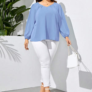 Kemeja wanita lengan puff panjang, blus wanita ukuran <span class=keywords><strong>plus</strong></span>, kemeja polos lengan puff panjang kasual elegan longgar leher v - Product Image 4