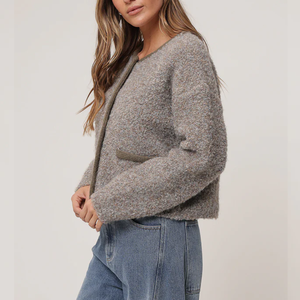 <span class=keywords><strong>Cardigan</strong></span> da <span class=keywords><strong>donna</strong></span> in maglia di Tweed <span class=keywords><strong>grigio</strong></span> con collo rotondo tascabile maglione corto con bottone frontale per un abbigliamento Casual Chic - Product Image 3