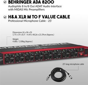 Interface audio numérique Behringer Ultragain ADA8200 Audiophile 8 entrées/8 sorties <span class=keywords><strong>ADAT</strong></span>, connecteurs <span class=keywords><strong>ADAT</strong></span> XLR 1434 TRS, 4 câbles XLR de 25 pieds - Product Image 5