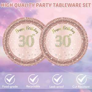 Assiettes jetables en papier aluminium de 9 pouces à bords festonnés modernes, rose et or, thème « Joyeux 30 ans », vente chaude directe usine, OEM - Product Image 4