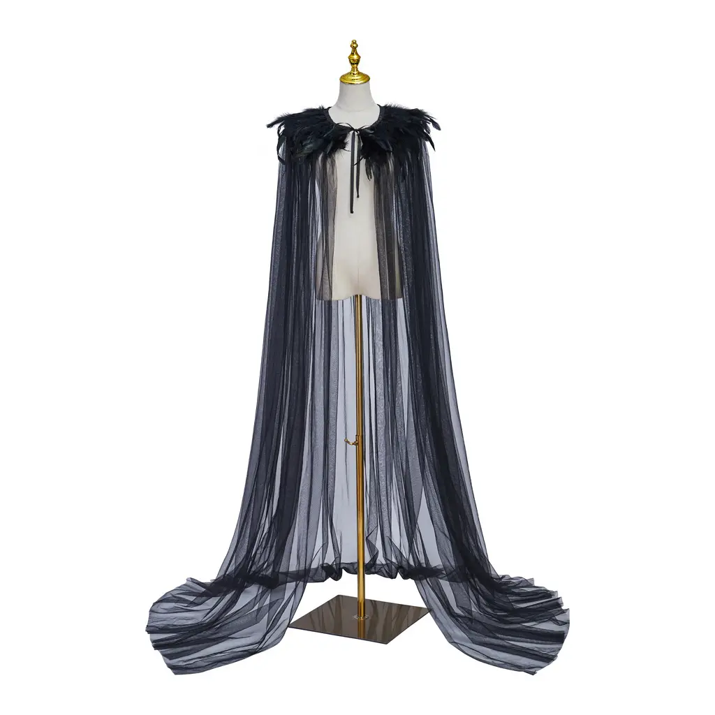 Queens Gown Stage Performance Wear Schwarzer Feder-Netz schal mit langem Schwanz Vintage Feather Cape für Abend party kleid