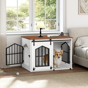İç Mekan Evcil Hayvan Kafesi Köpek Kafesi Mobilyası, İtmeli Çekmeli Ahır Kapılı Ahşap Köpek Kafesi Dekoratif Evcil Hayvan Evi Küçük ve Orta Boy Köpekler İçin - Product Image 2