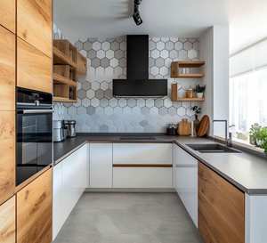 Armoires de cuisine modernes modulaires en bois sur mesure en forme de U en MDF pour villa, appartement, centre commercial, hôpital - Product Image 1