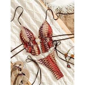 ชุดบิกินี่แบบผูกคอสำหรับผู้หญิง ลายพิมพ์สองชิ้น ชุดว่ายน้ำบราซิลเลี่ยน ผ้าสแปนเด็กซ์โพลีเอสเตอร์ยืดได้ - Product Image 4