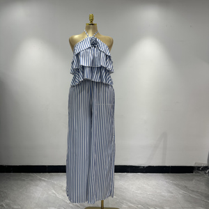 Robe d'été 2026 nouvelle mode rayée à col suspendu pour <span class=keywords><strong>femme</strong></span>, robe sans manches à volants au dos en tissu respirant - Product Image 2