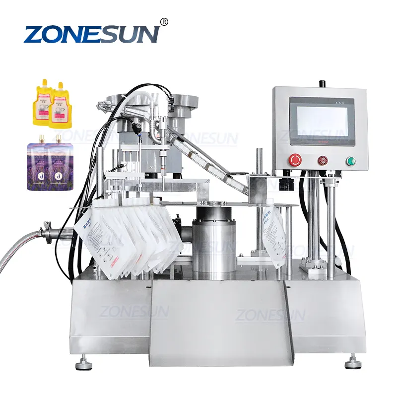 ZONESUN ZS-AFC12D 자동 데스크탑 로타리 주스 소프트 음료 음료 액체 주둥이 파우치 충전 캡핑 기계