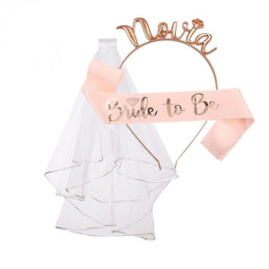 Lot de 3 accessoires modernes en métal pour enterrement de vie de jeune fille - Voile de mariée, ceinture, couronne blanche et bandeau rose doré pour fête prénuptiale - Product Image 2
