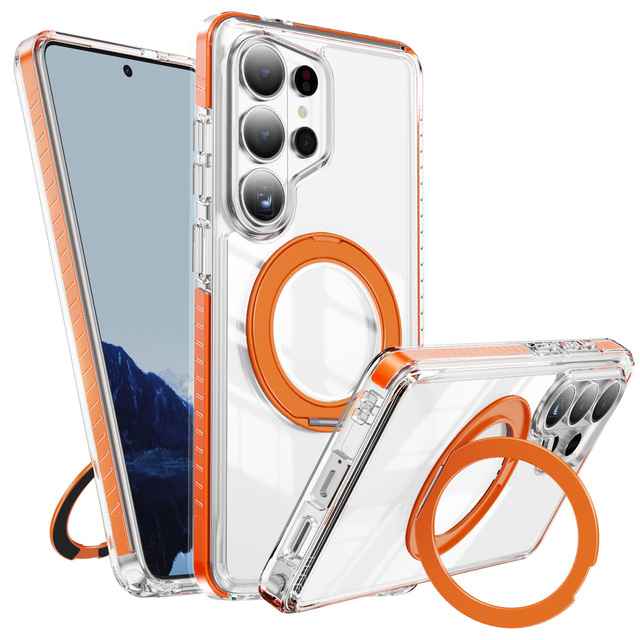 Magnetic Rotatable Ring Holder Slim Transparent TPU+Acrylic Shockproof Qi Wireless Charging Case for S24/S25/S26 Ultra