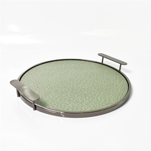 Plateau à café rond de <span class=keywords><strong>luxe</strong></span> de haute qualité essayez l'herbe verte plateau de service en métal de Style moderne pour la maison hôtel Design Unique emballage en boîte - Product Image 4