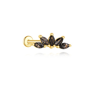Bijou de piercing pour cartilage d'oreille en argent S925, 1.2*6 mm, avec quartz rutilé noir taille marquise et couronne - Product Image 1