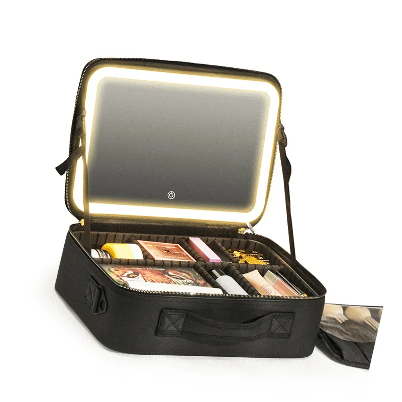 Custom Logo Salon Intelligent Personal Fun Touch Professional Travel Small Travel LED Kit Cosmetic Bag with LED Mirror