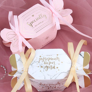 Hexagon Gift <b>Boxes</b> With Gold Foil Printing And Ribbon Decorations For Wedding Or Special Occasions - Product Image 2