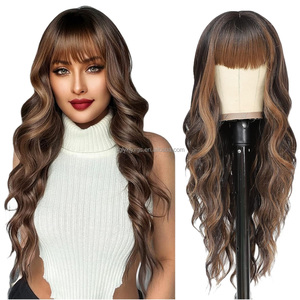 Gran oferta, pelucas rubias mixtas marrones de 26 pulgadas con flequillo para mujer, Pelo Rizado ondulado, pelucas de fibra sintética resistente al calor, pelo de mujer - Product Image 2