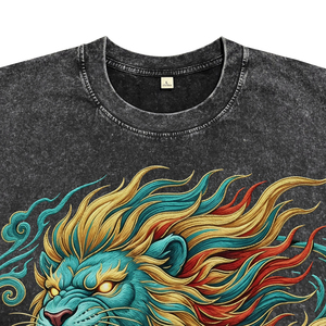 T-shirts graphiques surdimensionnés personnalisés en coton noir délavé avec motif lion oriental, style streetwear vintage pour hommes, manches courtes - Product Image 4