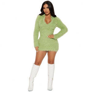 เดรสไหมพรมคอวีทรงเอเข้ารูป สไตล์หวานเรียบง่าย ความยาวมินิ สำหรับผู้หญิง ฤดูใบไม้ร่วง - Product Image 1