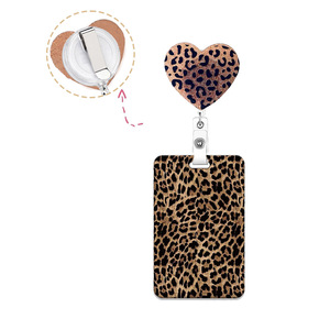 Brown leopard print heart-shaped ABS brooch with back <b>clip</b>, extendable ID card protector, anti-loss <b>buckle</b>. - Product Image 5