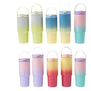 Gradient 30oz Stainless Steel Car <b>Cup</b> With Straw and Carry Handle Double Wall Vacuum Tumbler Insulated Hot Cold Drink <b>Cup</b> - Product Image 4