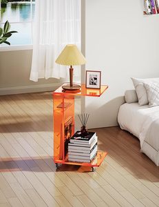Oranje <span class=keywords><strong>C</strong></span>-Vormige Eindtafel Op Afsluitbare Wielen Doorzichtig Acryl Kleine Salontafel Voor Ruimtes Als Displayrek Bijzettafel Voor Sofa - Product Image 3