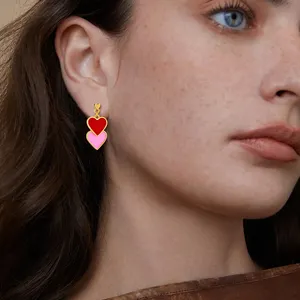 Fashion Jewelry Earrings Double Heart Gold Plated Enamel Earring 925 Sterling Silver Colorful Enamel Heart Stud Earring For Girl