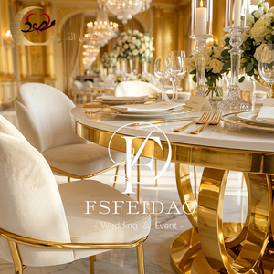 Mesa de comedor moderna redonda con tablero de MDF y patas de metal dorado para el comedor del hogar. - Product Image 3