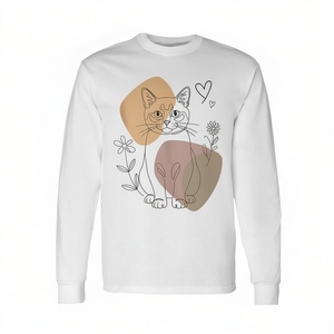 T-shirt a maniche lunghe minimalista con gatto birmano in stile line art, abbigliamento casual unisex per adulti - Product Image 2