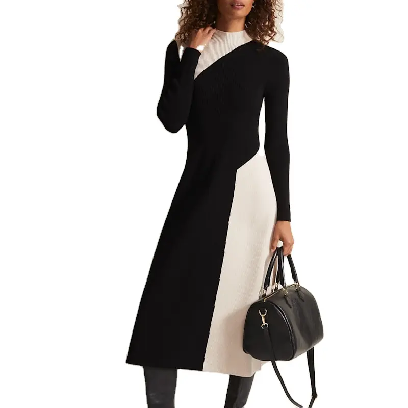 라운드 넥 컬러 블록 니트 겨울 캐주얼 오피스 드레스 컬러 블록 흑백 드레스 여성용