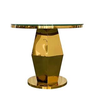 SMOOTH Luxurious Modern Wedding Hotel Dining Diamond Base <b>Gold</b> Stainless Steel <b>Round</b> Cake <b>Table</b> with White Glass Top - Product Image 2