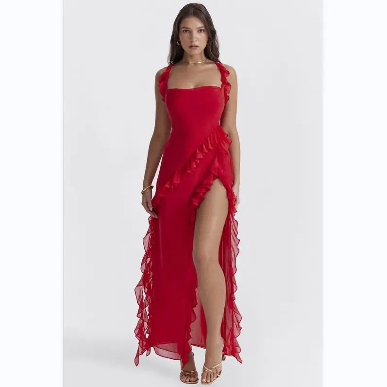 A7697 Western Style Sexy Porm dress red mesh sleeveless ruffles high slit sexy long women dress night club party