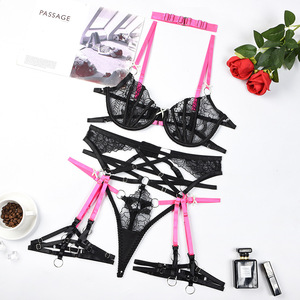 Women's Design Punk Style Erotic Four Pieces Sets Lingerie's Women Black Sheer Lace Underwear Set Sexy With Garter Lingerie - Product Image 6