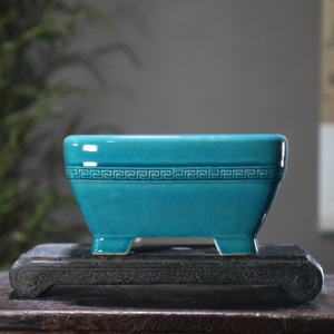 Pot à bonsaï en céramique carré, motif meander, glaçure turquoise, pot de fleurs de bureau - Product Image 1