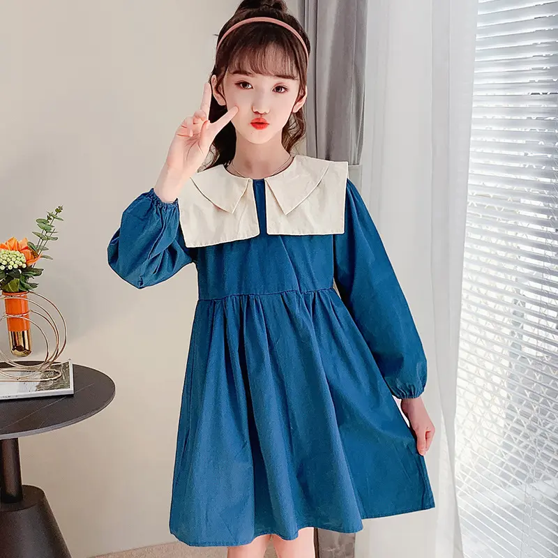 2021 Fall Lucu Gadis Biru Lengan Panjang Sailor Gaun Biru dan Merah Warna Patchwork Gaun untuk Gadis Besar 4-9T