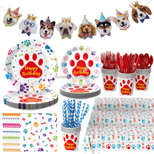 Assiettes, serviettes, gobelets et vaisselle en papier pour fête d'anniversaire sur le thème des pattes d'animaux, et fournitures de fête sur le thème des chiens - Product Image 1