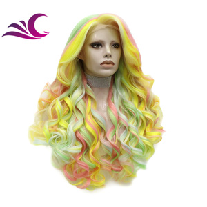 Celebridad multicolor Rosa verde amarillo mezcla fibra Cosplay Drag Queen <span class=keywords><strong>teatro</strong></span> pelo sintético peluca con malla frontal - Product Image 2