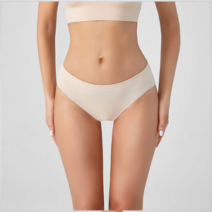 Culottes string femme taille basse unies <span class=keywords><strong>beige</strong></span> avec logo personnalisé, en nylon et élasthanne tricoté sans couture, grandes tailles, pour usage quotidien - Product Image 2