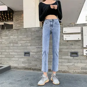 Novidade jeans de tecido jeans personalizado para mulheres cintura alta perna reta skinny