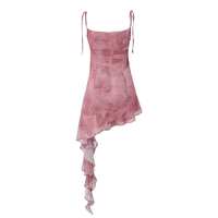 Robe mini asymétrique en mousseline rose à fines bretelles avec volants et fente haute pour soirée, club, vacances 2026 (OEM/ODM)