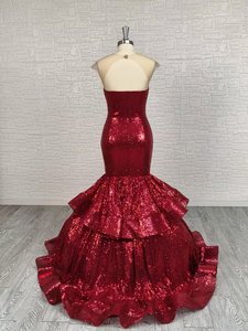 LY-PD0220 Formal <strong>Red</strong> <strong>Sequin</strong> Mermaid V-neck Off-Shoulder Sleeveless Floor-Length Sweep Train Modern Party Gown 100% Polyester - Product Image 4