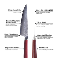 Couteau de Chef Japonais Gyuto en Acier Damas VG10 de 8 Pouces, Haute Dureté, Ambidextre, Manche en Bois Pakka Rouge, Direct Usine OEM