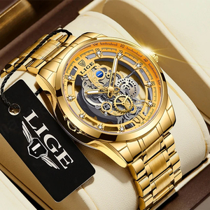 LIGE Waterproof Watch Business Quartz <b>Wristwatches</b> Men Top Brand Luxury Gold Skeleton Retro Men Watch Relogio Masculino - Product Image 1