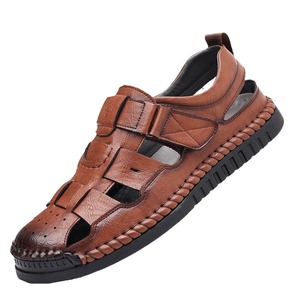 Men's Solid Genuine Leather <b>Flat</b> <b>Sandals</b> Open Toe Buckle Strap Summer Casual Anti Slip Rubber Outsole - Product Image 5