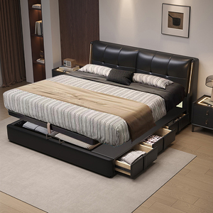 <span class=keywords><strong>Lit</strong></span> double italien en cuir noir pour chambre principale, avec rangement coulissant à pression d'air, éclairage intégré et sacs souples, pour la maison - Product Image 1