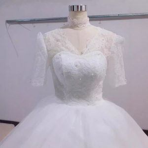 Lace Wedding Dress V-Neck Short Sleeve Princess Waistline Vintage Style for Women - Product Image 4