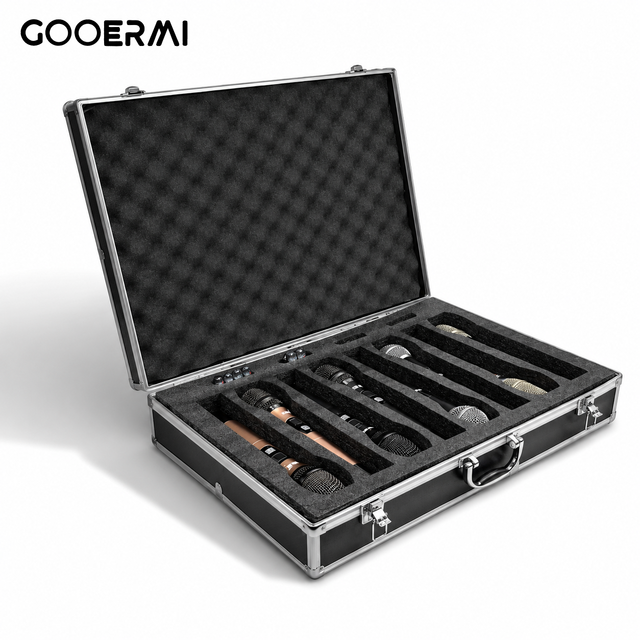 Portable Aluminum Microphone Case, Shockproof Hard Storage Carrier with Custom Foam Insert for 2/4/8 Wireless Handheld Mics