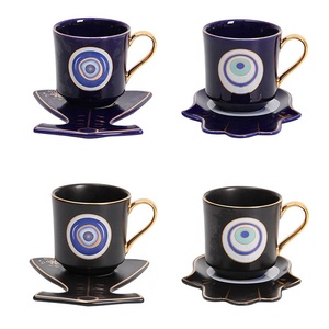 Turkish Ottoman Blue Eyes Pattern with <b>Gold</b> Handle Afternoon Tea Coffee Cup and Saucer - Product Image 3