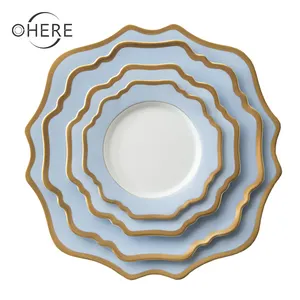 Sky blue ceramic dinner plate set porcelain charger plate dinner dish for wedding rent restaurant sunflower shaped dinner plate