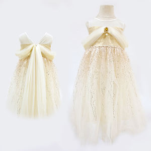 שמלת נסיכה ללא שרוולים עם פאייטים בצבע שמפניה, שמלת טול עם קשת ופנינים, שמלת מקסי, שמלת נשף לילדות, לחתונה, יום הולדת, תחרות יופי, מסיבה - Product Image 2