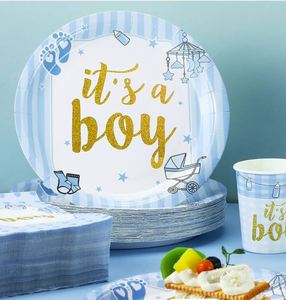 Assiette en carton jetable ronde de 7 pouces approuvée par la FDA, 350 g/m², blanche, avec motif « Hello Baby Boy » en CMJN, pour fournitures de fête - Product Image 4