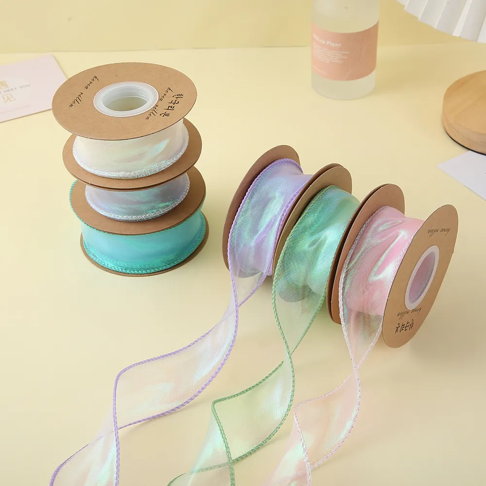 Factory wholesale customized solid color double face organza wired ribbon organza ribbon roll