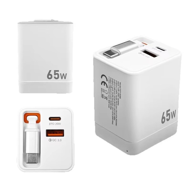 65W Multifunction Charger 3 in 1 Retractable Cable Dual US EU Plug Fast Charge Type C USB A+C Ports Wall Power Adapter